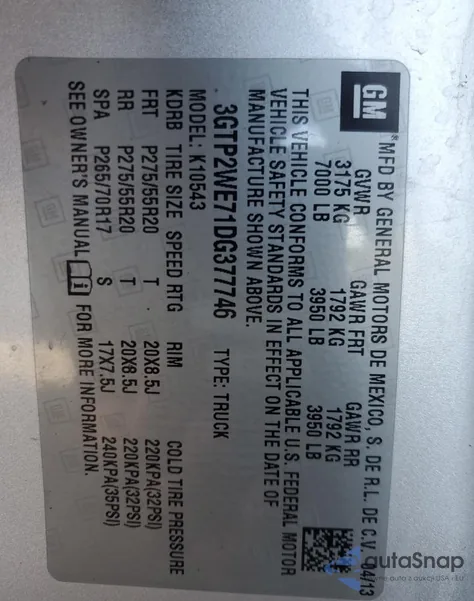 2013 GMC Sierra K1500 Slt из США, поврежденный, VIN 3GTP2WE71DG377746